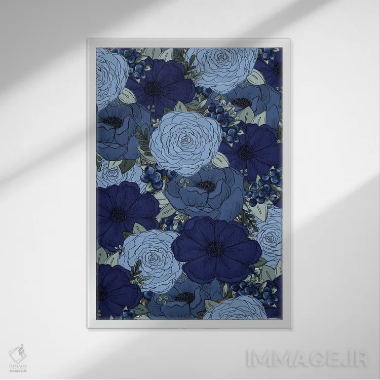 تابلو دکوراتیو گل های طراحی شده بلوبری اثر کیتی برایانت - نمای قابدار سفید