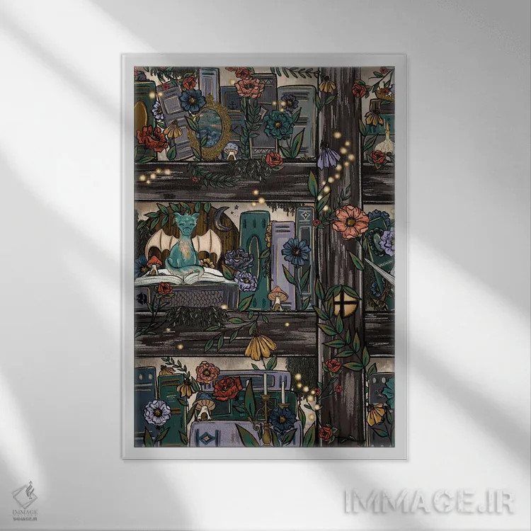 تابلو دکوراتیو قفسه کتاب جنگل فانتزی اثر کیتی برایانت - نمای قابدار سفید
