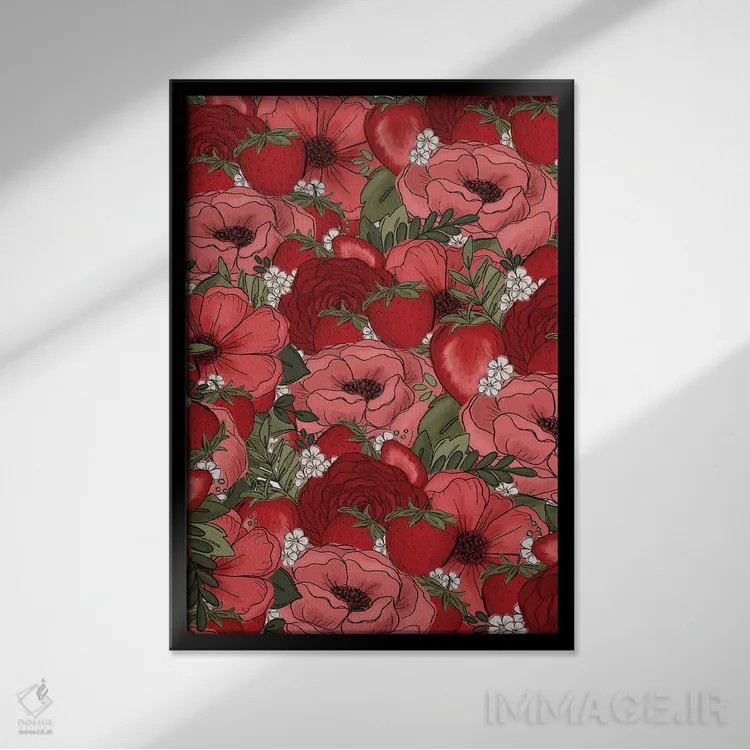 تابلو دکوراتیو گل های طراحی شده توت فرنگی اثر کیتی برایانت - نمای قابدار مشکی