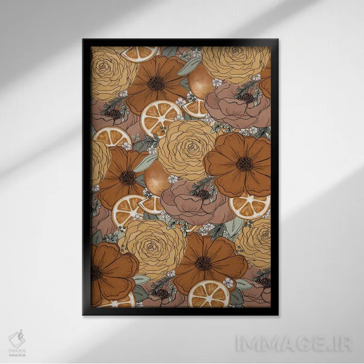 تابلو دکوراتیو گل های طراحی شده پرتقال اثر کیتی برایانت - نمای قابدار مشکی