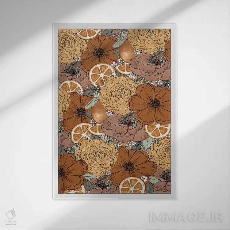 تابلو دکوراتیو گل های طراحی شده پرتقال اثر کیتی برایانت - نمای قابدار سفید