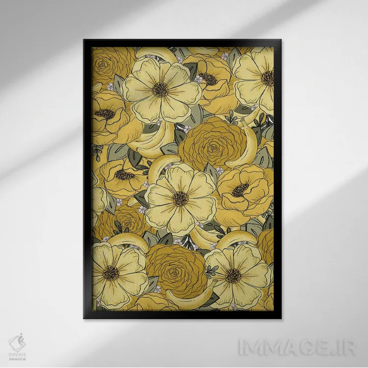 تابلو دکوراتیو گل های طراحی شده موز اثر کیتی برایانت - نمای قابدار مشکی