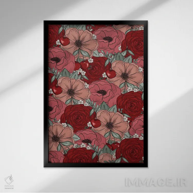 تابلو دکوراتیو گل های طراحی شده گیلاس اثر کیتی برایانت - نمای قابدار مشکی