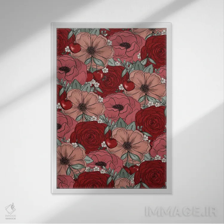 تابلو دکوراتیو گل های طراحی شده گیلاس اثر کیتی برایانت - نمای قابدار سفید