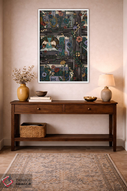 تابلو دکوراتیو قفسه کتاب جنگل فانتزی اثر کیتی برایانت - D1W