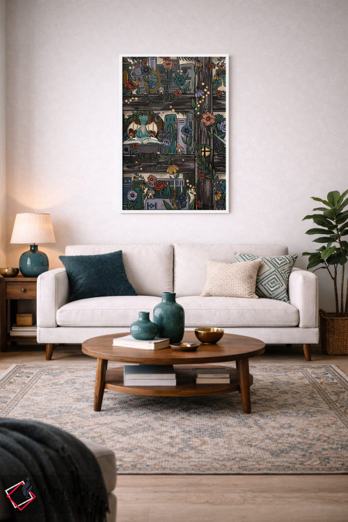 تابلو دکوراتیو قفسه کتاب جنگل فانتزی اثر کیتی برایانت - D2W