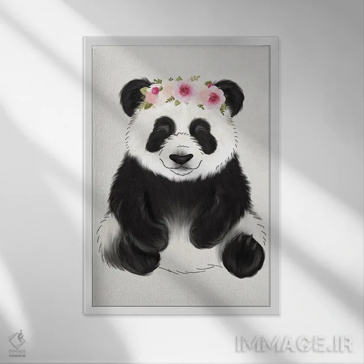 تابلو دکوراتیو پاندای نوزاد با تاج گل اثر کیتی برایانت - نمای قابدار سفید