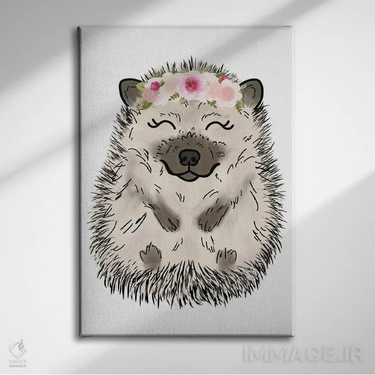 تابلو دکوراتیو جوجه تیغی با تاج گل اثر کیتی برایانت - نمای روبهرو روی دیوار