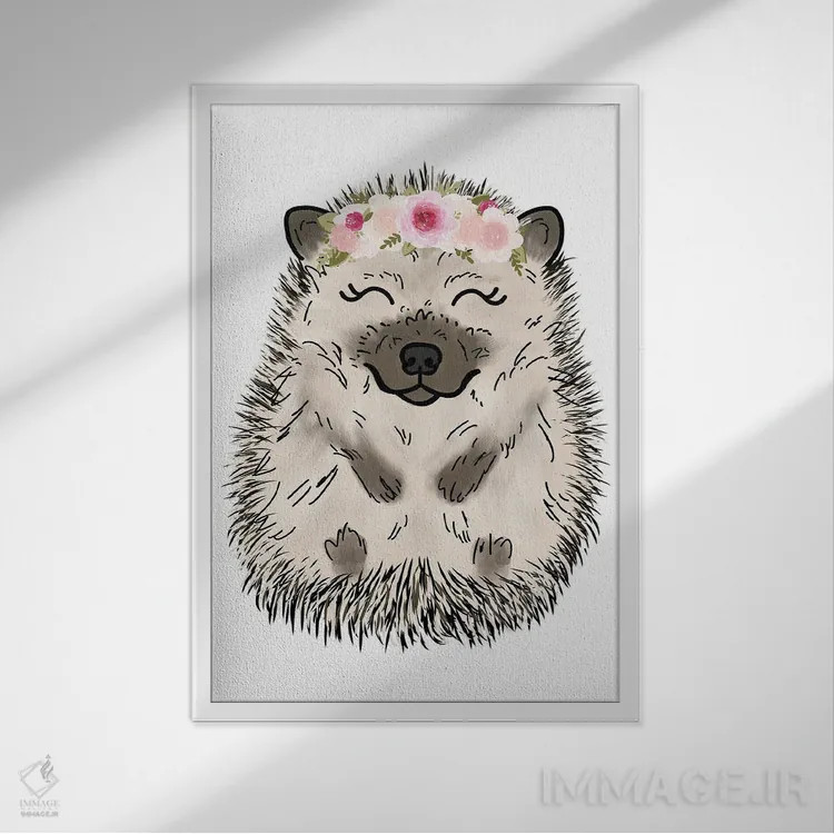 تابلو دکوراتیو جوجه تیغی با تاج گل اثر کیتی برایانت - نمای قابدار سفید