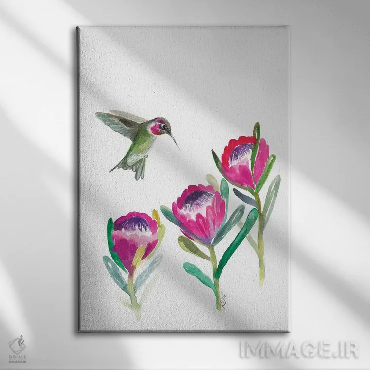 تابلو دکوراتیو مرغ مگس خوار گلدار اثر کیرستن دیل - نمای روبهرو روی دیوار