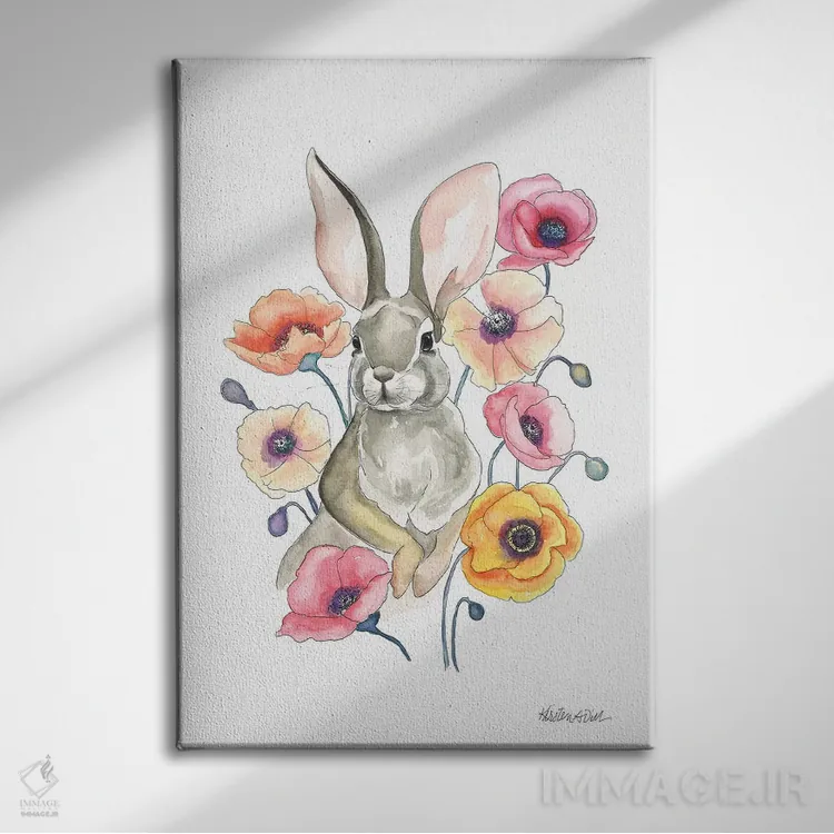 تابلو دکوراتیو خرگوش شقایق اثر کیرستن دیل - نمای روبهرو روی دیوار