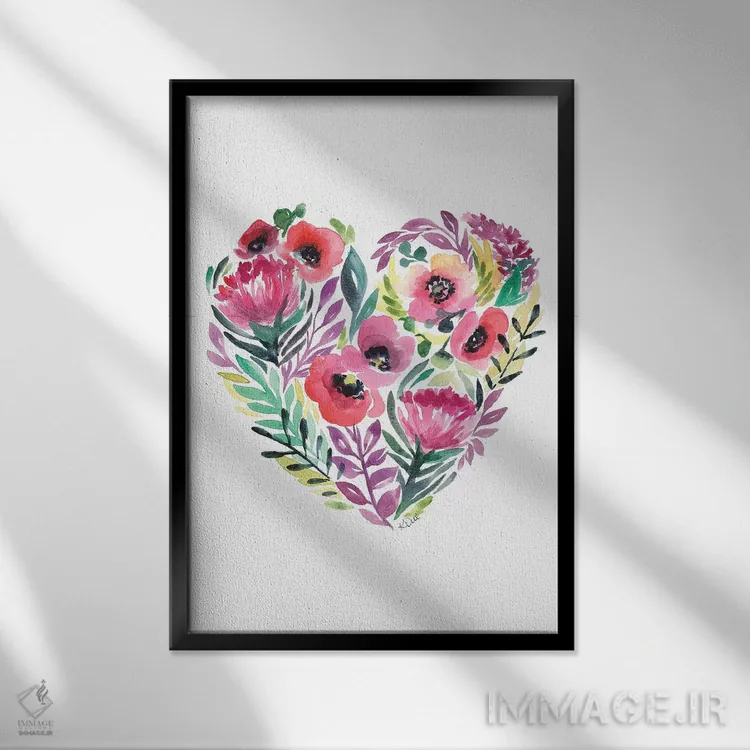 تابلو دکوراتیو قلبی از گل اثر کیرستن دیل - نمای قابدار مشکی