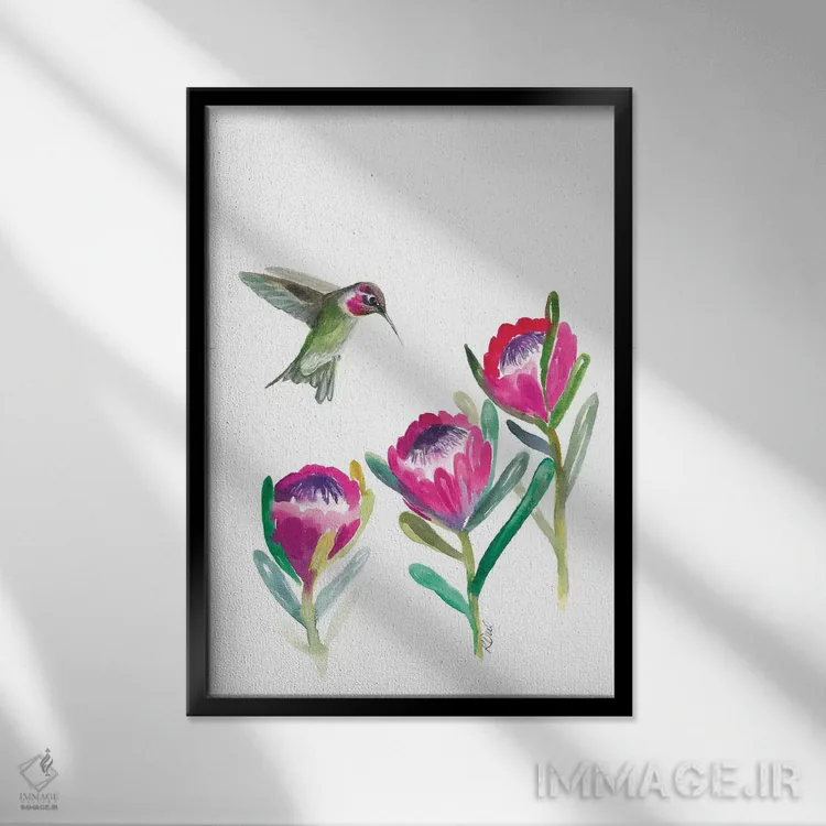 تابلو دکوراتیو مرغ مگس خوار گلدار اثر کیرستن دیل - نمای قابدار مشکی