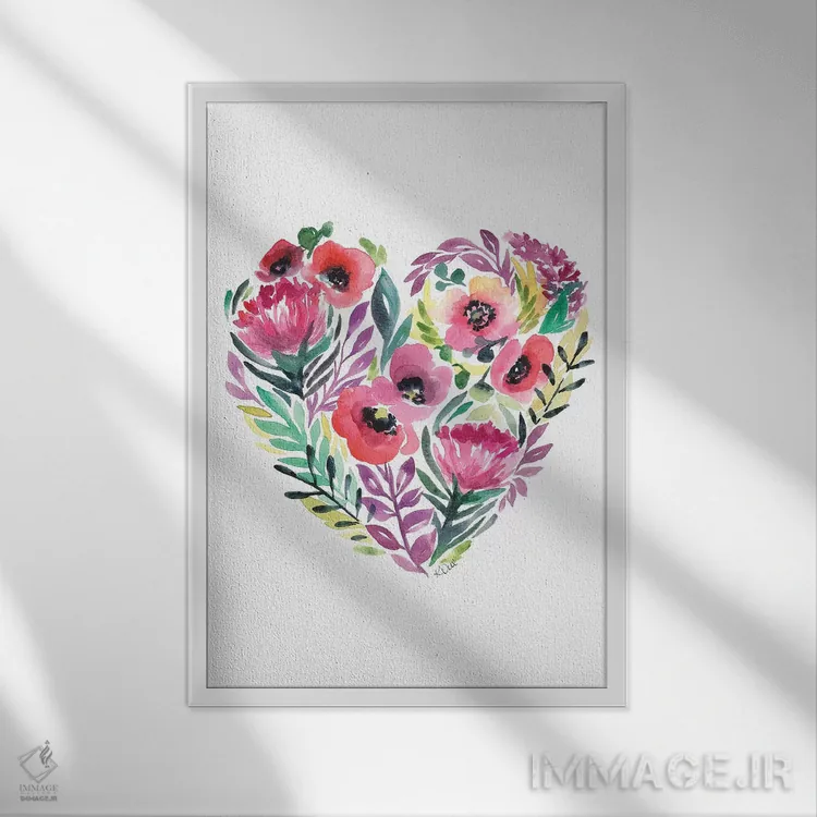 تابلو دکوراتیو قلبی از گل اثر کیرستن دیل - نمای قابدار سفید