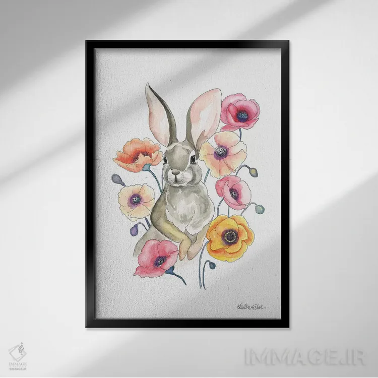 تابلو دکوراتیو خرگوش شقایق اثر کیرستن دیل - نمای قابدار مشکی