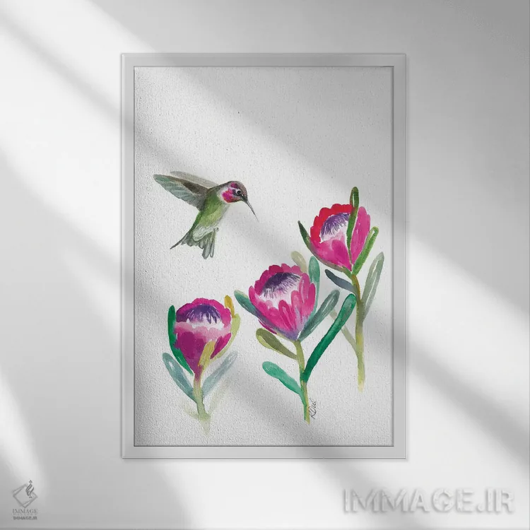 تابلو دکوراتیو مرغ مگس خوار گلدار اثر کیرستن دیل - نمای قابدار سفید