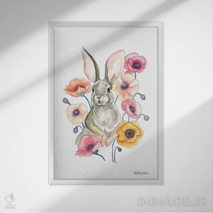 تابلو دکوراتیو خرگوش شقایق اثر کیرستن دیل - نمای قابدار سفید