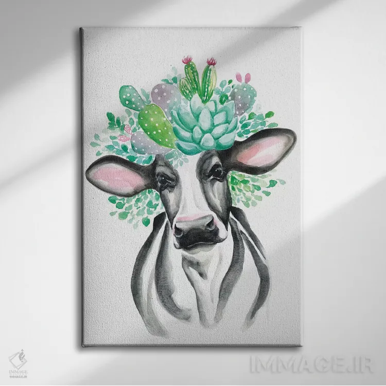 تابلو دکوراتیو گاو کاکتوسی اثر کیرستن دیل - نمای روبهرو روی دیوار