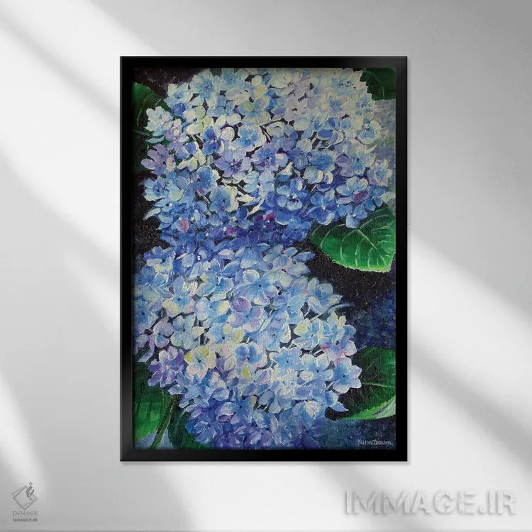 تابلو دکوراتیو هورتانسیا آبی اثر کارین داون کلشال-بست - نمای قابدار مشکی