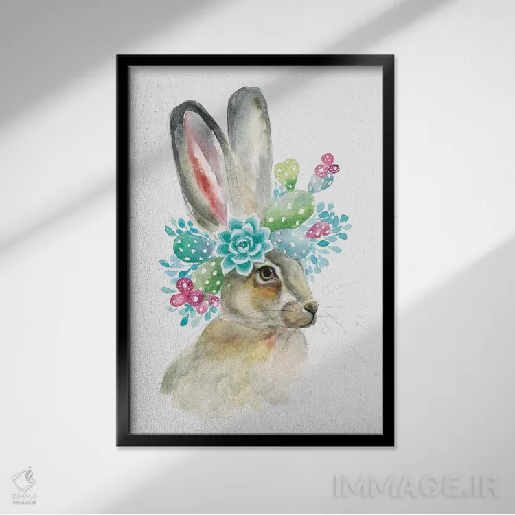تابلو دکوراتیو خرگوش کاکتوسی اثر کیرستن دیل - نمای قابدار مشکی