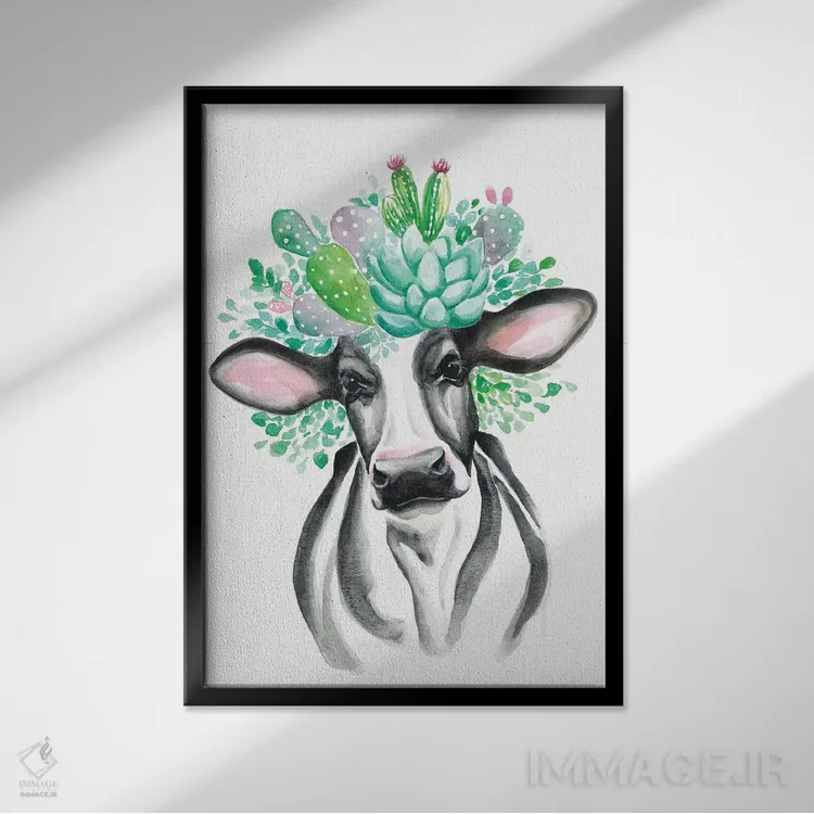 تابلو دکوراتیو گاو کاکتوسی اثر کیرستن دیل - نمای قابدار مشکی