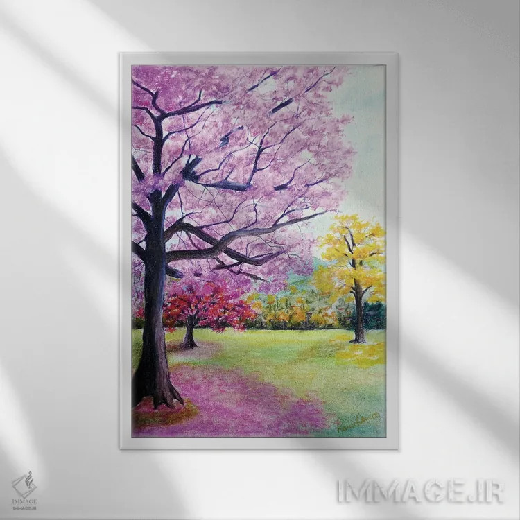 تابلو دکوراتیو پوئی صورتی و زرد ساوانا اثر کارین داون کلشال-بست - نمای قابدار سفید