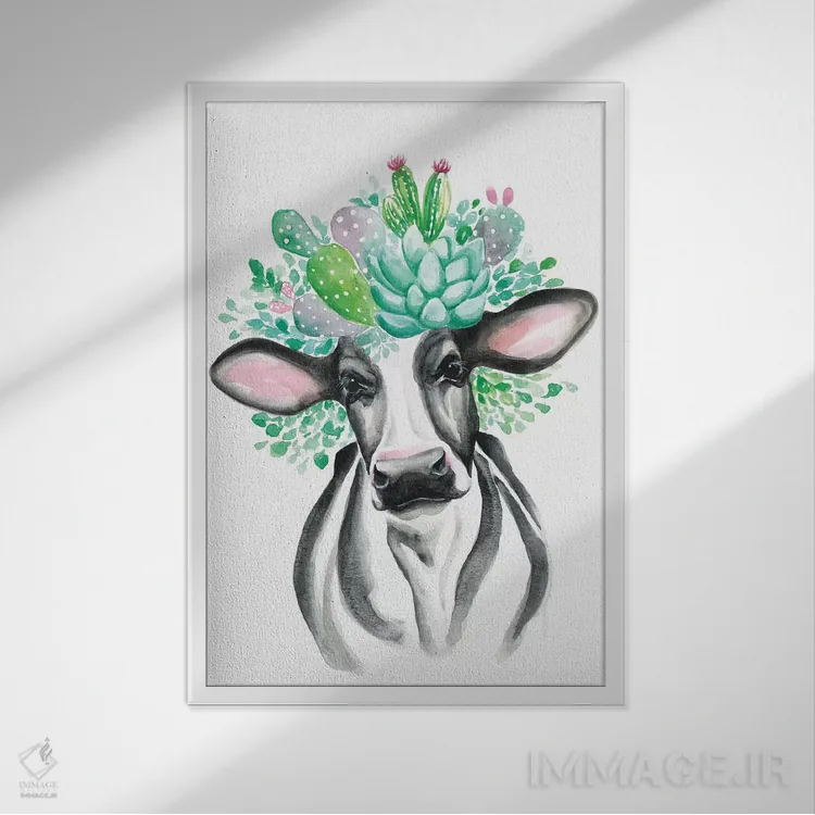 تابلو دکوراتیو گاو کاکتوسی اثر کیرستن دیل - نمای قابدار سفید