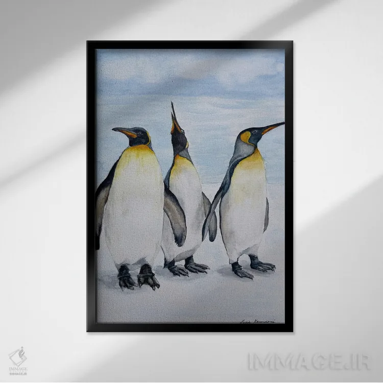 تابلو دکوراتیو پنگوئن های شاد اثر لوسیا کازاردووا - نمای قابدار مشکی