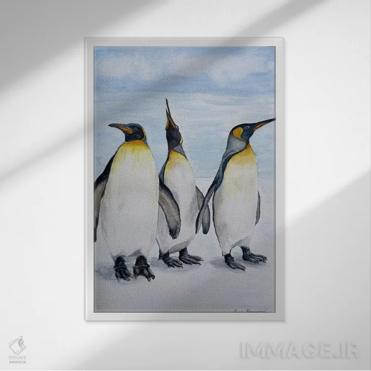 تابلو دکوراتیو پنگوئن های شاد اثر لوسیا کازاردووا - نمای قابدار سفید