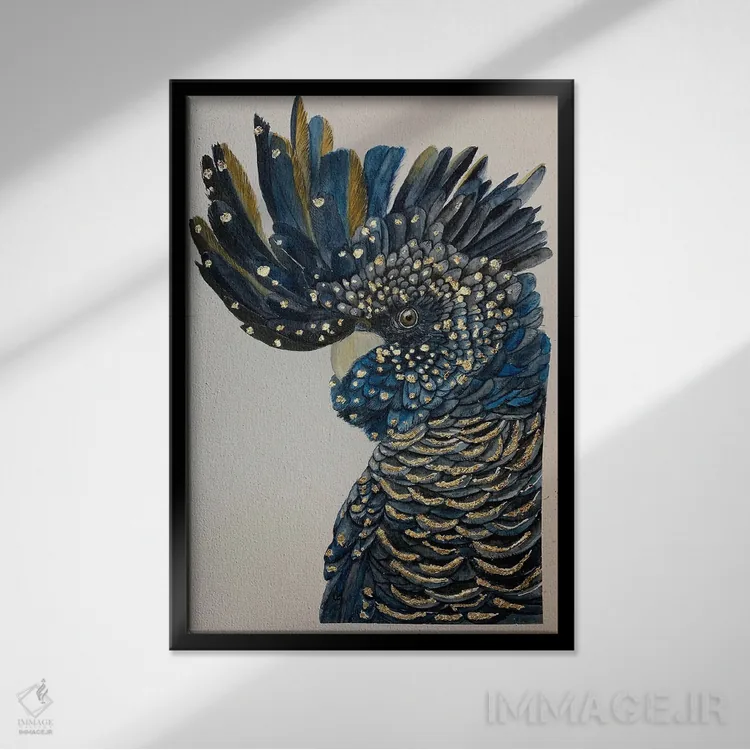 تابلو دکوراتیو کاکاتو سیاه آبی اثر لوسیا کازاردووا - نمای قابدار مشکی