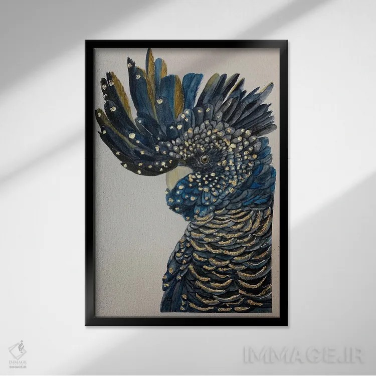 تابلو دکوراتیو کاکاتو سیاه آبی اثر لوسیا کازاردووا - نمای قابدار مشکی