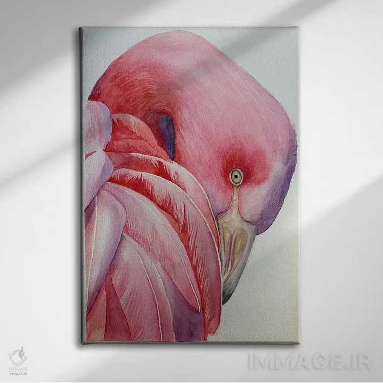 تابلو دکوراتیو فلامینگوی صورتی اثر لوسیا کازاردووا - نمای روبهرو روی دیوار