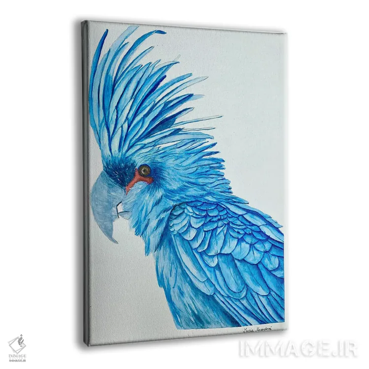 تابلو دکوراتیو مکائوی آبی اثر لوسیا کازاردووا - نمای پرسپکتیو محصول