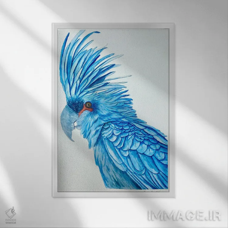 تابلو دکوراتیو مکائوی آبی اثر لوسیا کازاردووا - نمای قابدار سفید