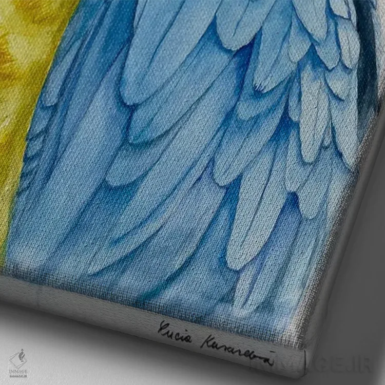 تابلو دکوراتیو طوطی آبی و زرد اثر لوسیا کازاردووا - نمای نزدیک بافت بوم