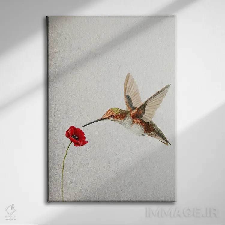 تابلو مینیمال مرغ مگس خوار با گل شقایق اثر کارینا دانیلچوک - نمای روبهرو روی دیوار