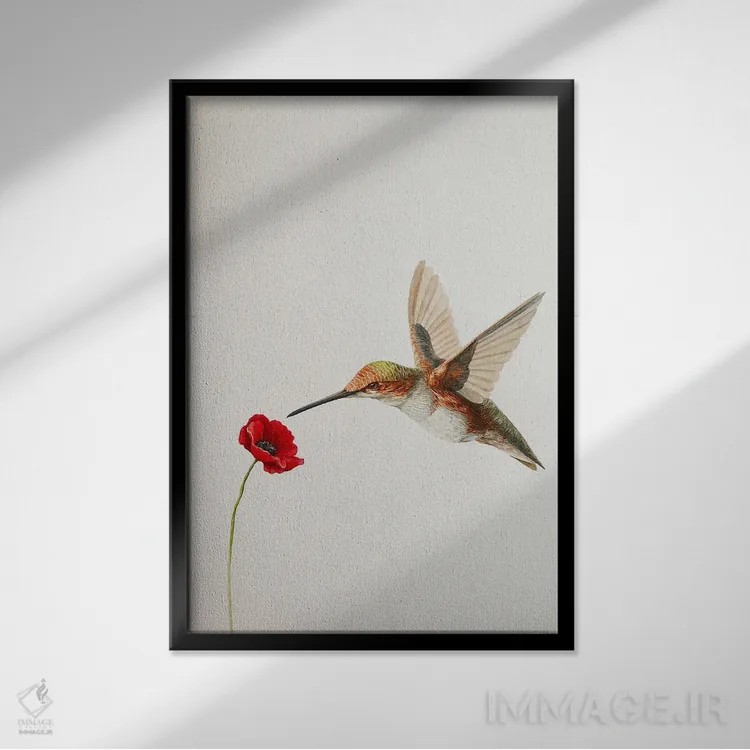 تابلو مینیمال مرغ مگس خوار با گل شقایق اثر کارینا دانیلچوک - نمای قابدار مشکی