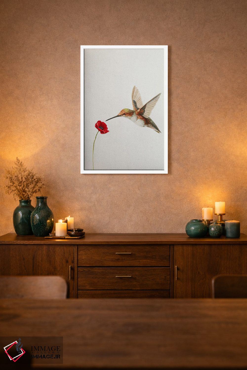 تابلو مینیمال مرغ مگس خوار با گل شقایق اثر کارینا دانیلچوک - D1W