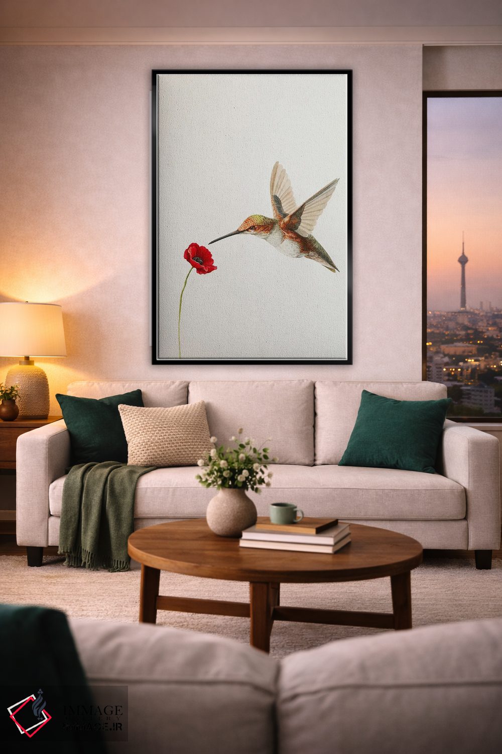 تابلو مینیمال مرغ مگس خوار با گل شقایق اثر کارینا دانیلچوک - D2B