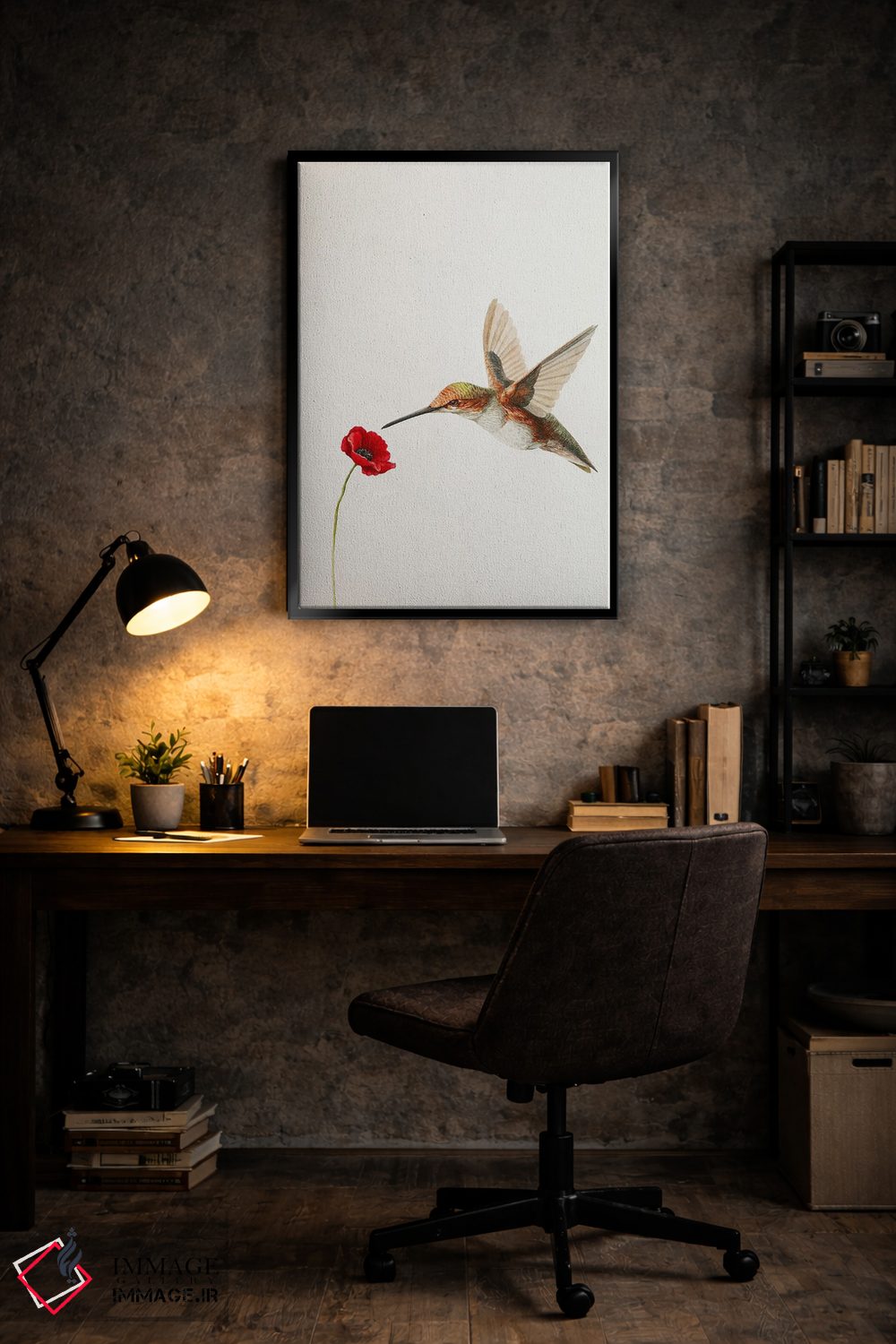 تابلو مینیمال مرغ مگس خوار با گل شقایق اثر کارینا دانیلچوک - D6B