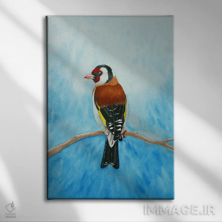 تابلو دکوراتیو فنچ طلایی زمستانی اثر کارینا دانیلچوک - نمای روبهرو روی دیوار