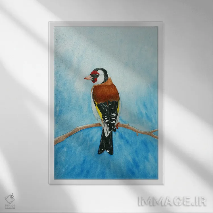 تابلو دکوراتیو فنچ طلایی زمستانی اثر کارینا دانیلچوک - نمای قابدار سفید