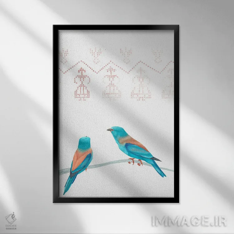 تابلو دکوراتیو دو غلت زن اروپایی روی شاخه اثر کارینا دانیلچوک - نمای قابدار مشکی