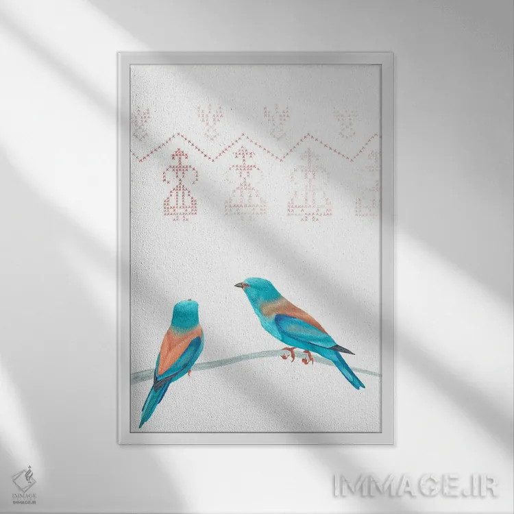 تابلو دکوراتیو دو غلت زن اروپایی روی شاخه اثر کارینا دانیلچوک - نمای قابدار سفید