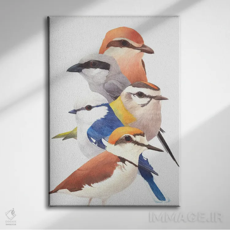 تابلو دکوراتیو پنج پرنده اثر کارینا دانیلچوک - نمای روبهرو روی دیوار