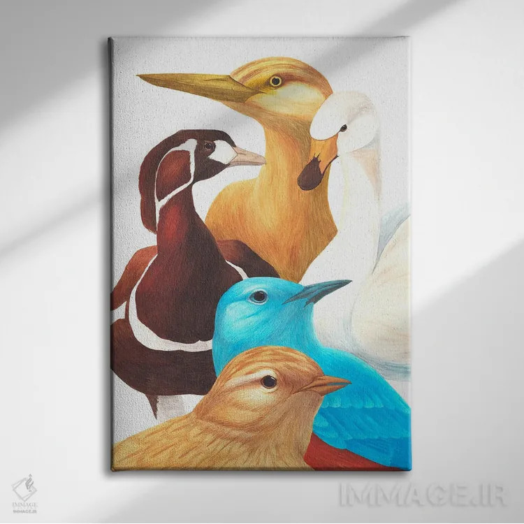 تابلو دکوراتیو پنج پرنده دیگر اثر کارینا دانیلچوک - نمای روبهرو روی دیوار