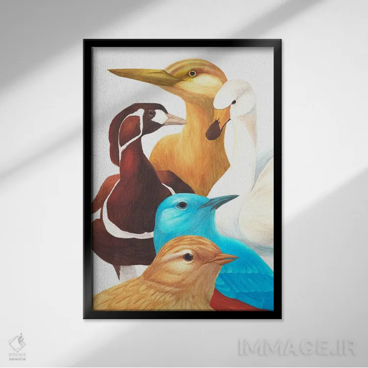 تابلو دکوراتیو پنج پرنده دیگر اثر کارینا دانیلچوک - نمای قابدار مشکی