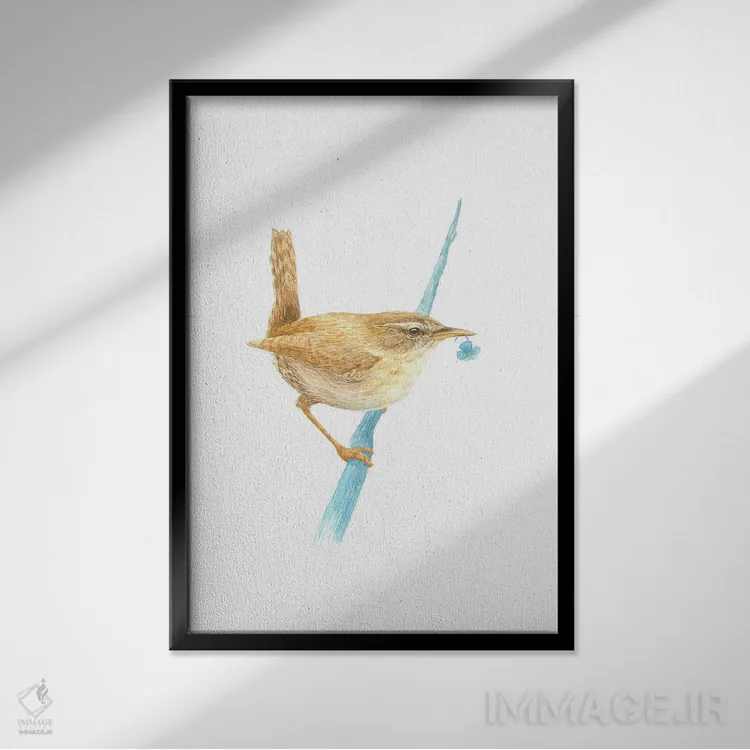 تابلو دکوراتیو فنچ اوراسیایی با گل پلاستیکی اثر کارینا دانیلچوک - نمای قابدار مشکی