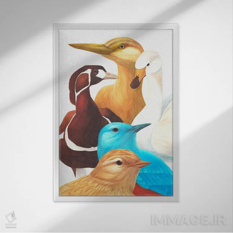تابلو دکوراتیو پنج پرنده دیگر اثر کارینا دانیلچوک - نمای قابدار سفید