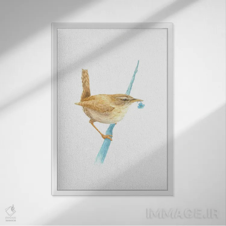 تابلو دکوراتیو فنچ اوراسیایی با گل پلاستیکی اثر کارینا دانیلچوک - نمای قابدار سفید